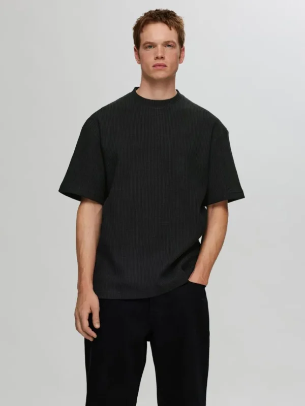 SELECTED AVSLAPPNAD PASSFORM VÅFFLAD T-SHIRT Black Clearance