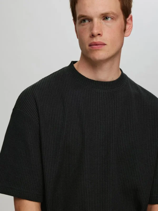 SELECTED AVSLAPPNAD PASSFORM VÅFFLAD T-SHIRT Black Clearance