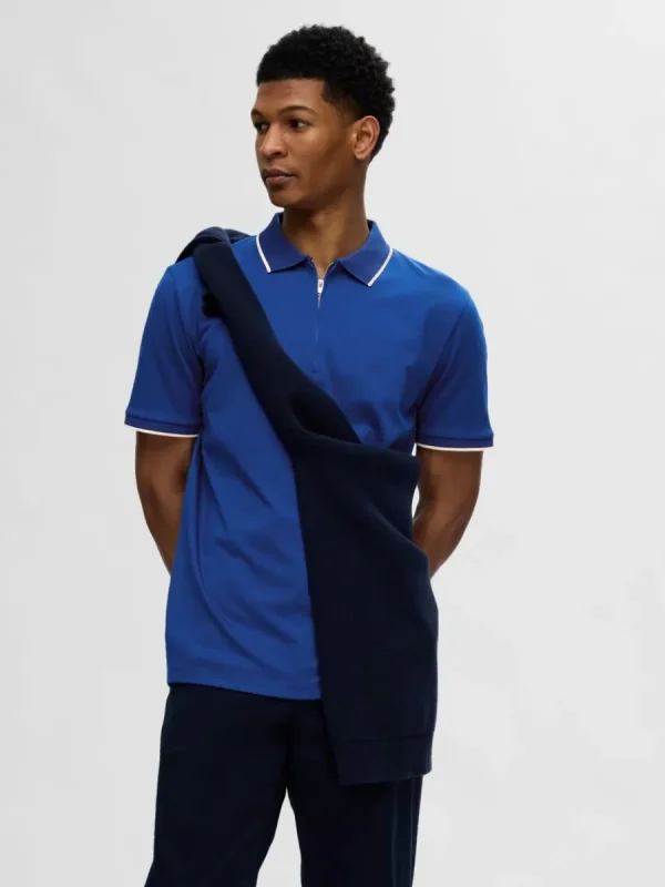 SELECTED BLIXTLÅSFÖRSEDD PIKÉTRÖJA Blue Shop