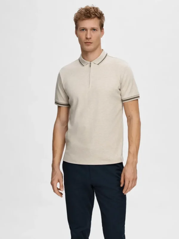 SELECTED BLIXTLÅSFÖRSEDD PIKÉTRÖJA Beige Shop