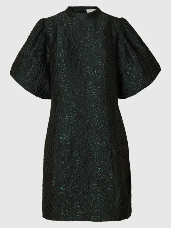 SELECTED BLOMMIG JACQUARD KLÄNNING MED PUFFÄRMAR Green Best