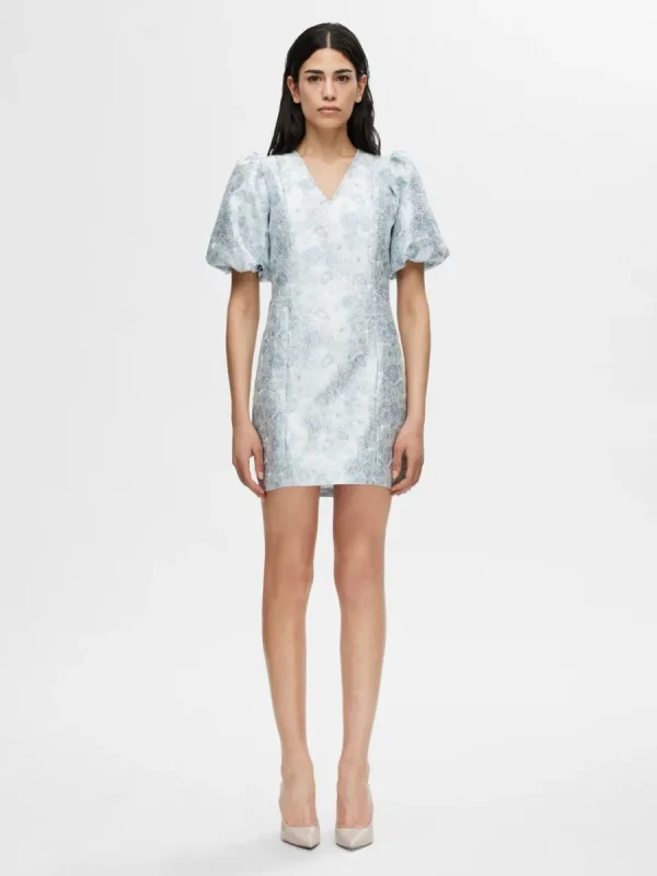 SELECTED BLOMMIG JACQUARD KORT KLÄNNING Blue Fashion