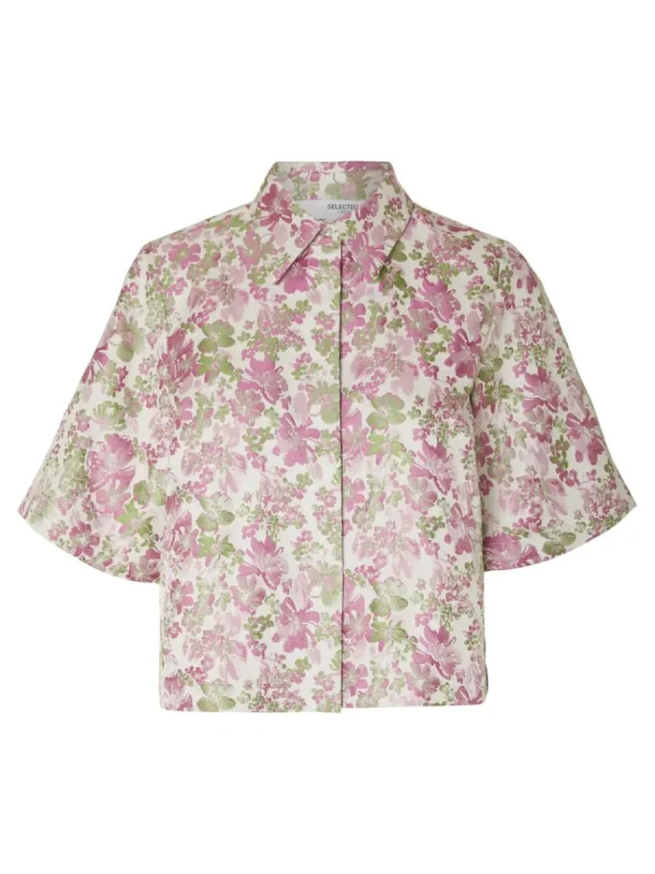SELECTED BLOMMIG JACQUARD KORTÄRMAD SKJORTA Coloured Clearance