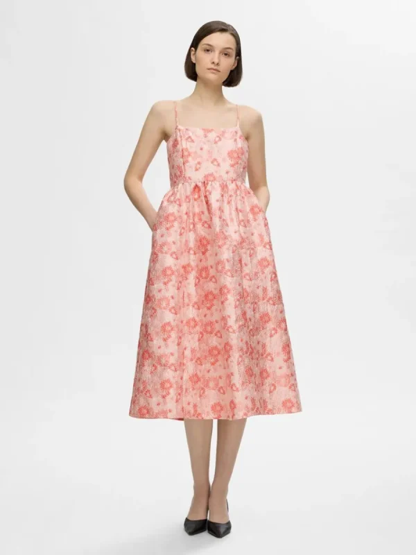 SELECTED BLOMMIG JACQUARD MIDIKLÄNNING Pink Fashion
