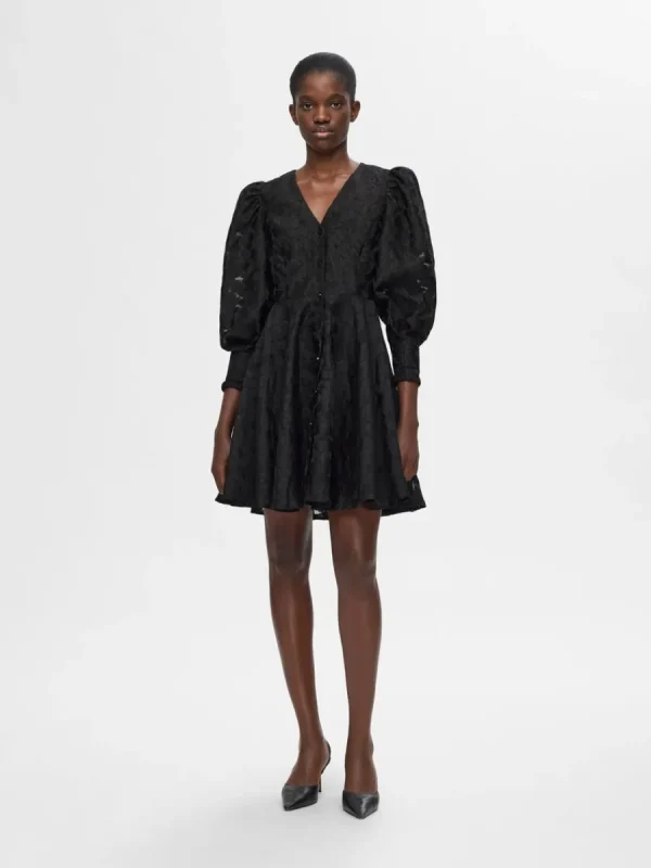 SELECTED BLOMMIG KLÄNNING MED PUFFÄRMAR Black Flash Sale