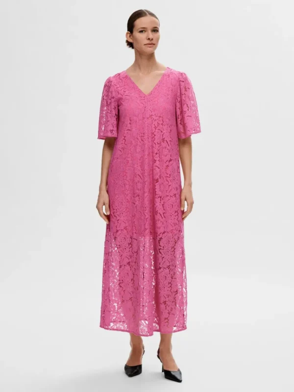SELECTED BLOMMIG SPETS MIDIKLÄNNING Pink Best Sale