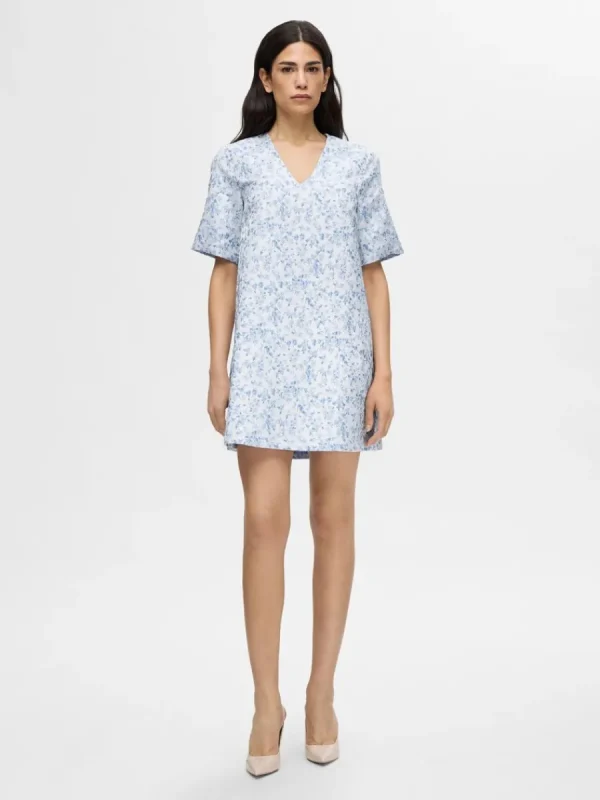 SELECTED BLOMSTERTRYCKT KORT KLÄNNING Blue Store