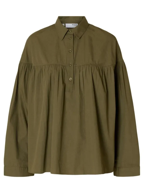SELECTED 100% BOMULL LÅNGÄRMAD BLUS Green Best Sale