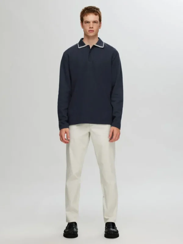 SELECTED 100% BOMULL LÅNGÄRMAD PIKÉTRÖJA Blue Best Sale
