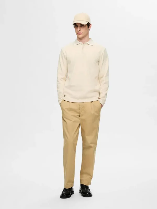 SELECTED 100% BOMULL LÅNGÄRMAD PIKÉTRÖJA Beige Hot