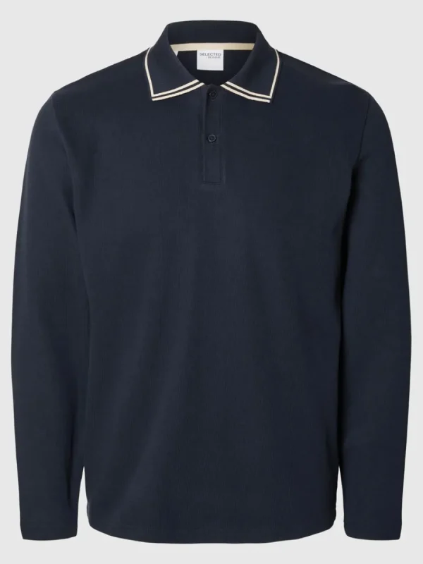 SELECTED 100% BOMULL LÅNGÄRMAD PIKÉTRÖJA Blue Best Sale