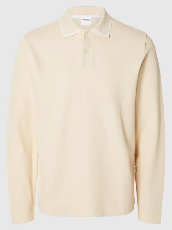 SELECTED 100% BOMULL LÅNGÄRMAD PIKÉTRÖJA Beige Hot