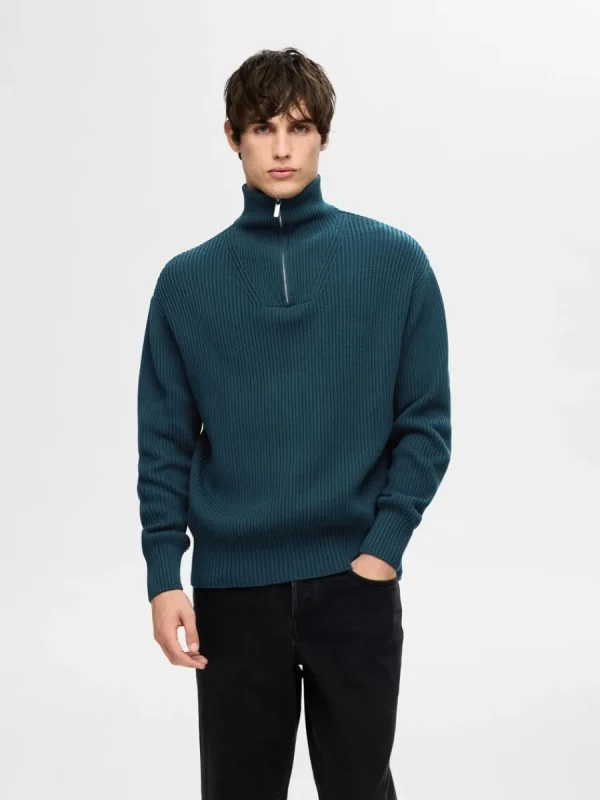 SELECTED 100% BOMULL TRÖJA MED HALVLÅNGT BLIXTLÅS Blue Clearance
