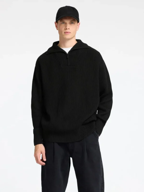 SELECTED 100% BOMULL TRÖJA MED HALVLÅNGT BLIXTLÅS Black New