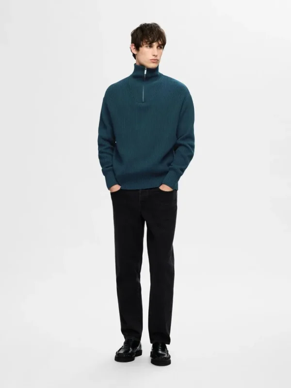 SELECTED 100% BOMULL TRÖJA MED HALVLÅNGT BLIXTLÅS Blue Clearance