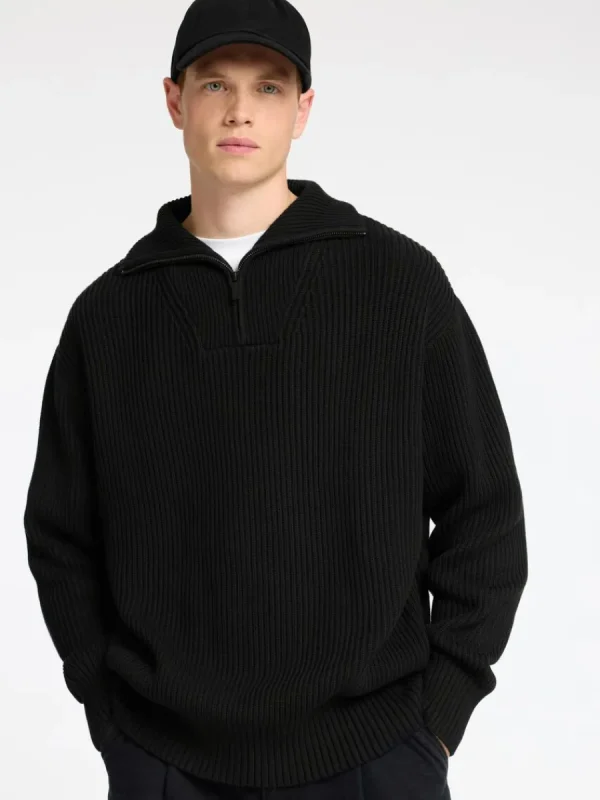 SELECTED 100% BOMULL TRÖJA MED HALVLÅNGT BLIXTLÅS Black New