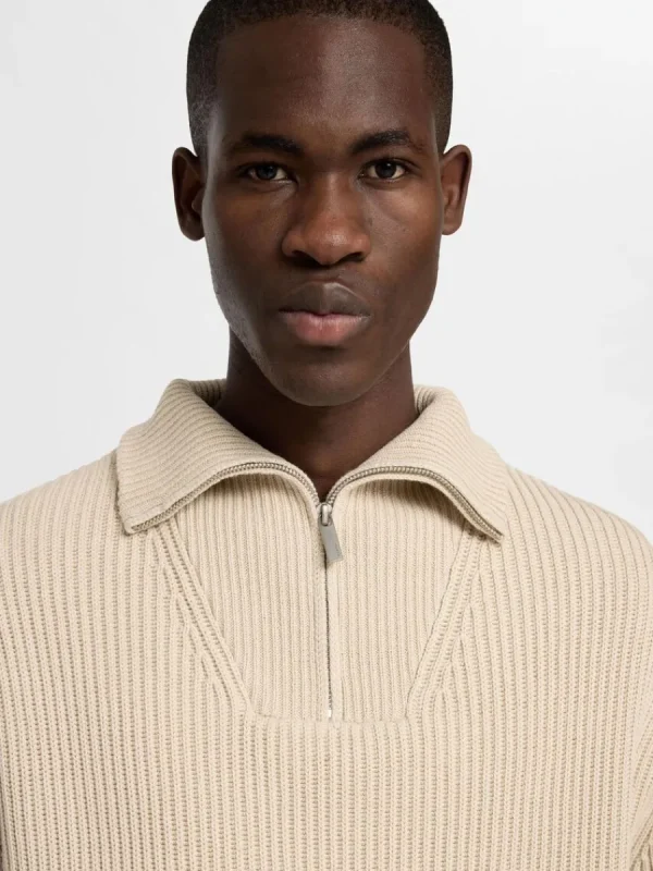 SELECTED 100% BOMULL TRÖJA MED HALVLÅNGT BLIXTLÅS Beige Online