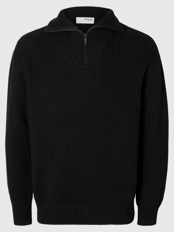 SELECTED 100% BOMULL TRÖJA MED HALVLÅNGT BLIXTLÅS Black New