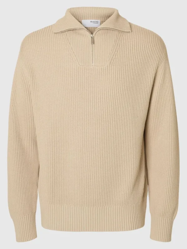 SELECTED 100% BOMULL TRÖJA MED HALVLÅNGT BLIXTLÅS Beige Online