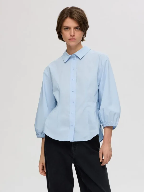 SELECTED BOMULLSSYDD SKJORTA MED 3/4-ÄRMAR Blue Store