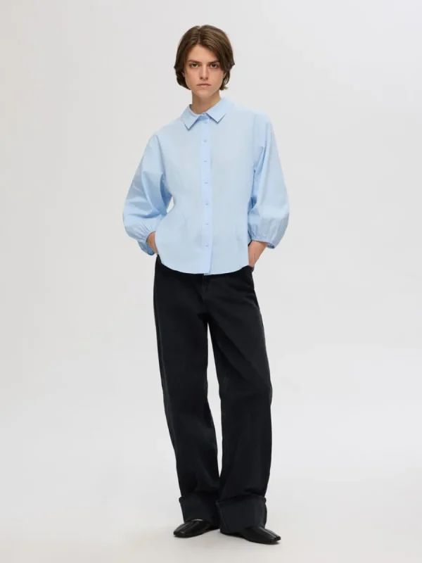 SELECTED BOMULLSSYDD SKJORTA MED 3/4-ÄRMAR Blue Store