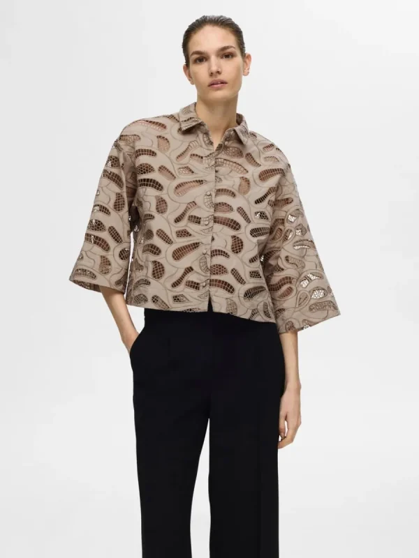 SELECTED BRODERIE ANGLAISE CROPPAD SKJORTA Beige Cheap