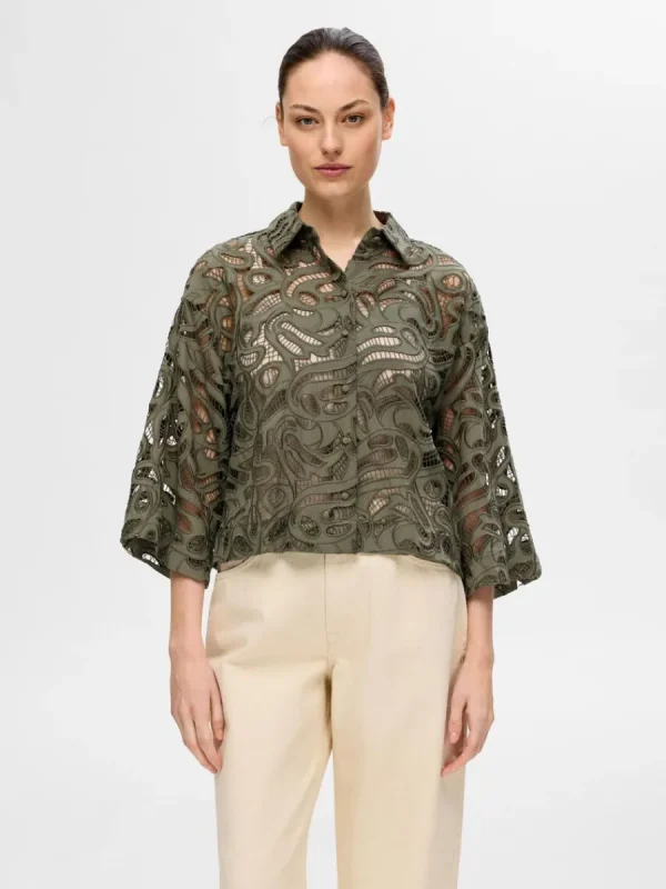 SELECTED BRODERIE ANGLAISE CROPPAD SKJORTA Green Discount