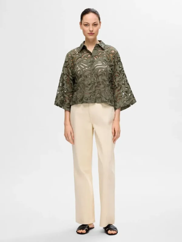 SELECTED BRODERIE ANGLAISE CROPPAD SKJORTA Green Discount