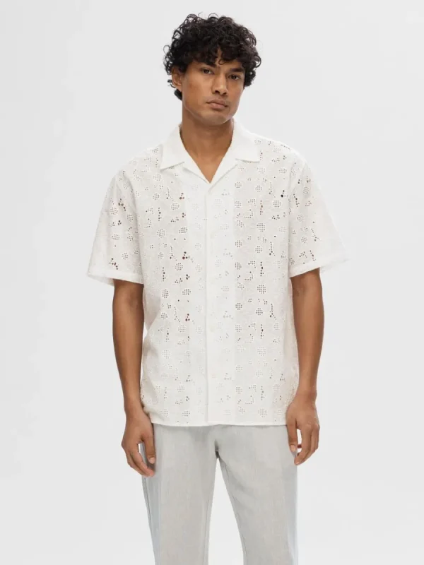 SELECTED BRODERIE ANGLAISE KORTÄRMAD SKJORTA White New