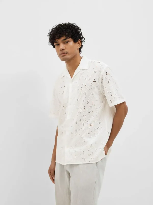SELECTED BRODERIE ANGLAISE KORTÄRMAD SKJORTA White New