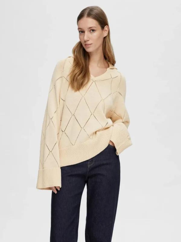 SELECTED DIAMANTTRYCK STICKAD TRÖJA Beige Shop