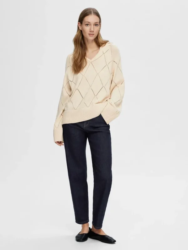 SELECTED DIAMANTTRYCK STICKAD TRÖJA Beige Shop