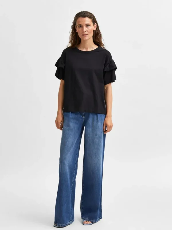 SELECTED EKOLOGISK BOMULL VOLANG T-SHIRT Black Outlet