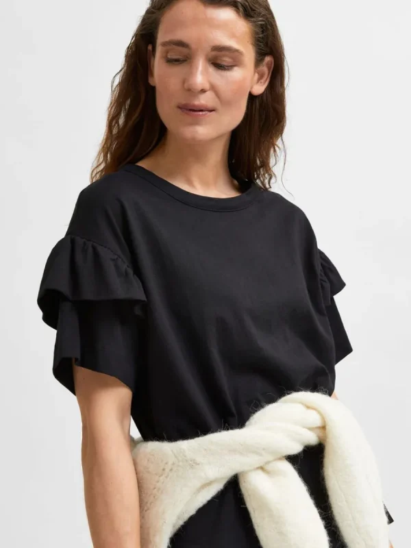 SELECTED EKOLOGISK BOMULL VOLANG T-SHIRT Black Outlet