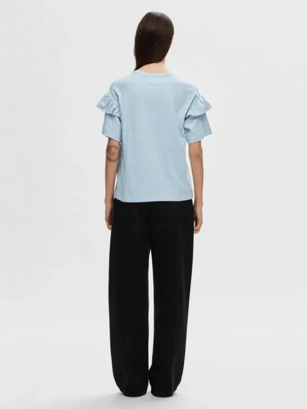 SELECTED EKOLOGISK BOMULL VOLANG T-SHIRT Blue Clearance