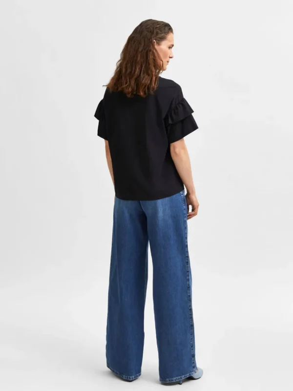 SELECTED EKOLOGISK BOMULL VOLANG T-SHIRT Black Outlet