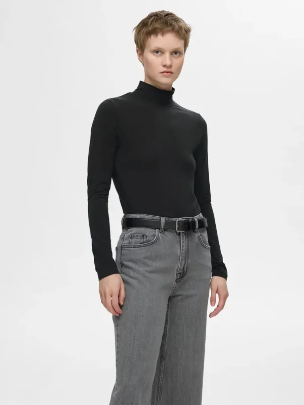 SELECTED ENKEL MED HÖG HALS LÅNGÄRMAD TOPP Black New