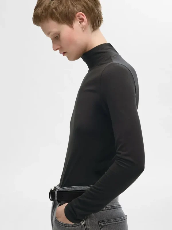 SELECTED ENKEL MED HÖG HALS LÅNGÄRMAD TOPP Black New