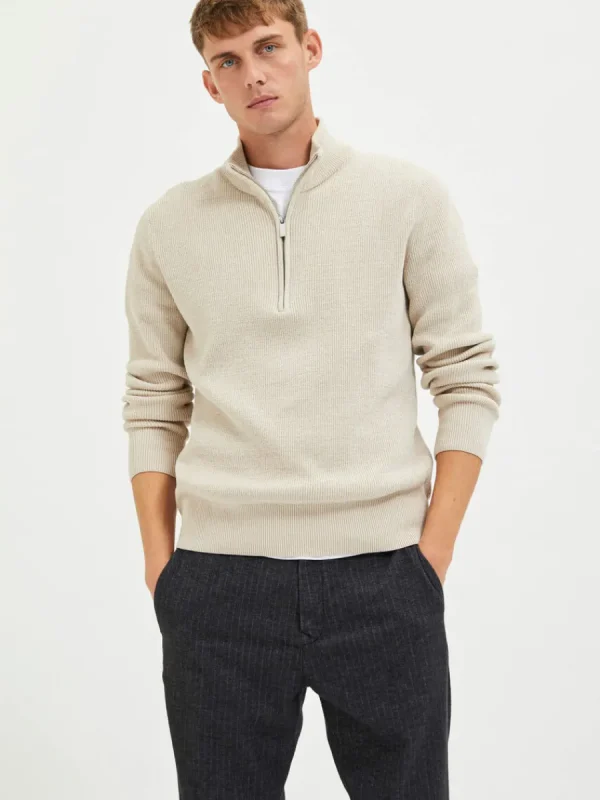 SELECTED HALF ZIP TRÖJA Beige Hot