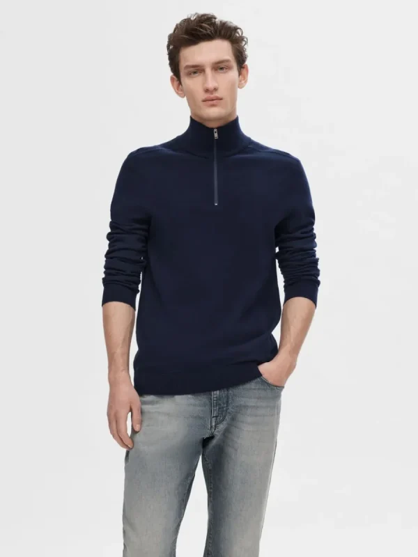 SELECTED HALVLÅNGT BLIXTLÅS STICKAD TRÖJA Blue Discount