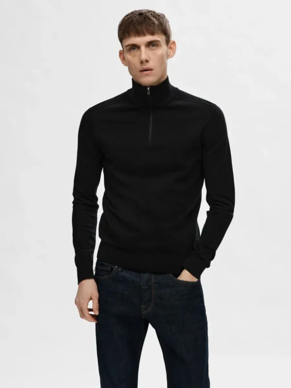 SELECTED HALVLÅNGT BLIXTLÅS STICKAD TRÖJA Black Cheap