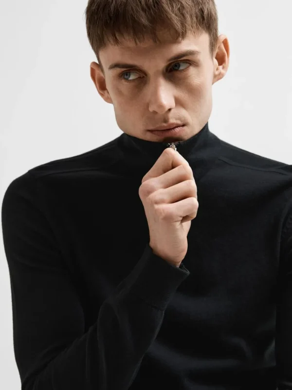 SELECTED HALVLÅNGT BLIXTLÅS STICKAD TRÖJA Black Cheap
