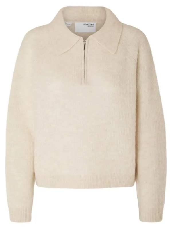 SELECTED HALVLÅNGT BLIXTLÅS STICKAD TOPP Beige Store