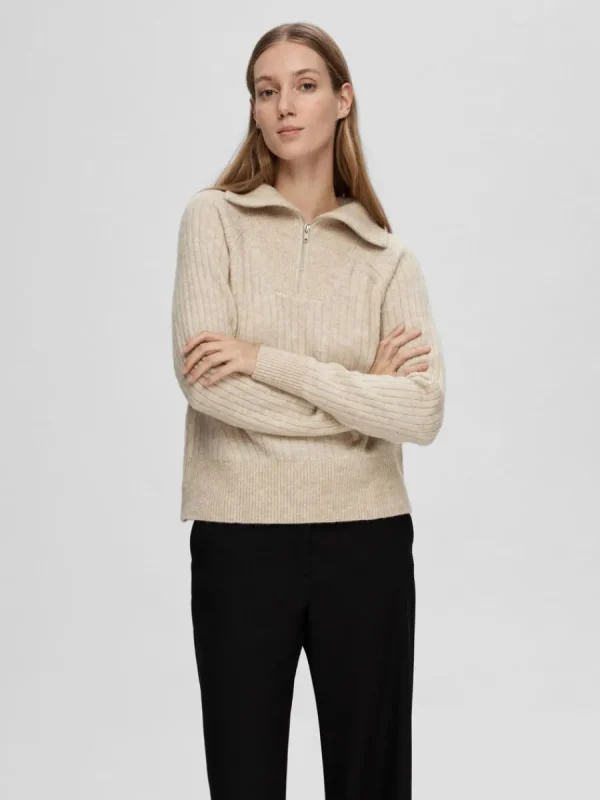 SELECTED HALVLÅNGT BLIXTLÅS TRÖJA Beige Flash Sale