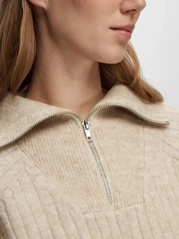 SELECTED HALVLÅNGT BLIXTLÅS TRÖJA Beige Flash Sale