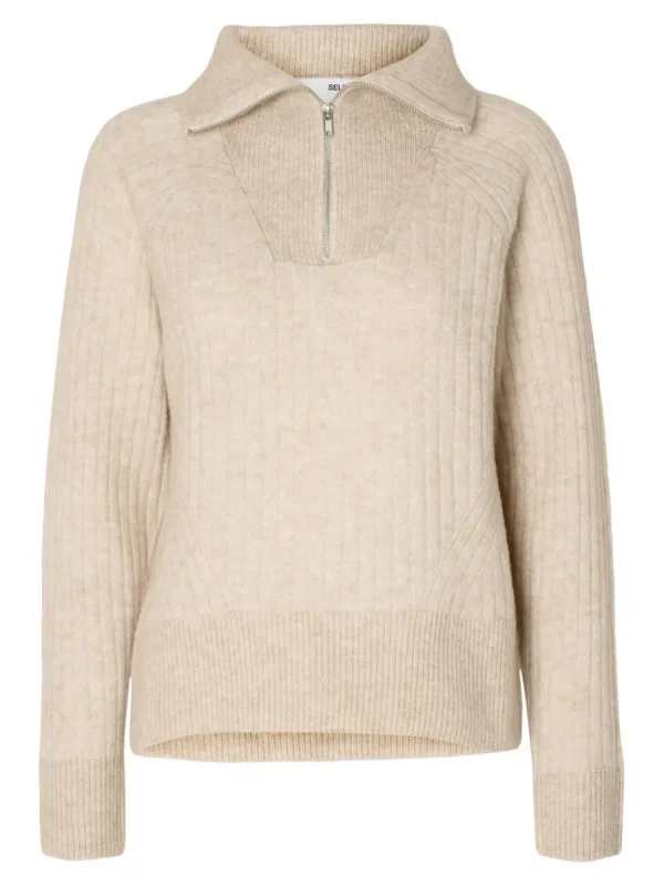 SELECTED HALVLÅNGT BLIXTLÅS TRÖJA Beige Flash Sale