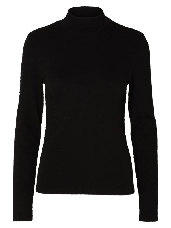 SELECTED HÖG HALS MED TEXTUR STICKAD TOPP Black Discount