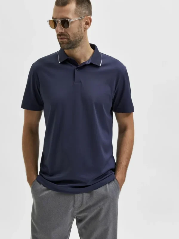 SELECTED KORTÄRMAD COOLMAX® PIKÉTRÖJA Blue Sale