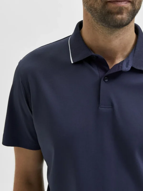 SELECTED KORTÄRMAD COOLMAX® PIKÉTRÖJA Blue Sale