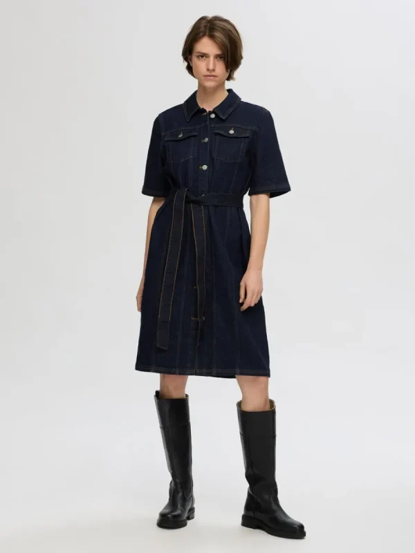 SELECTED KORTÄRMAD JEANSKLÄNNING Blue Store